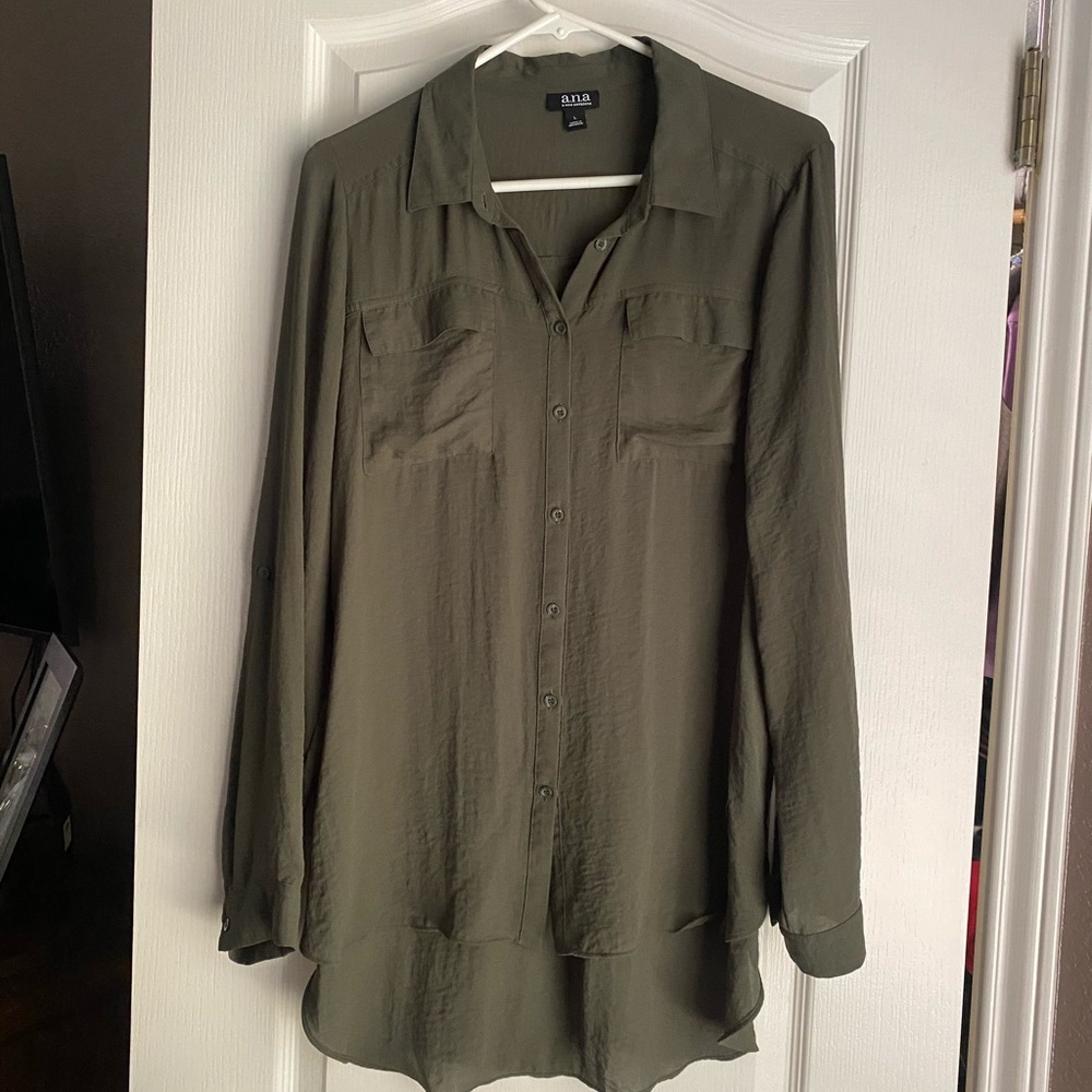 ANA olive long sleeve button up blouse size Large